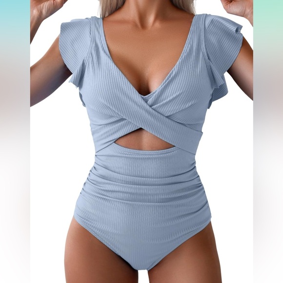 Amazon Other - Blue One Piece Cut-out Bathing Suit Tummy Control Flutter Sleeves